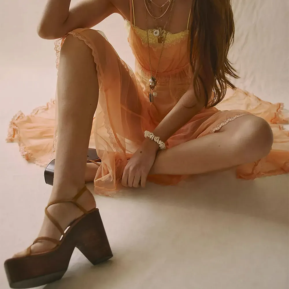 Women's Brown Open Toe Slingback Platform Buckle Heeled Sandals