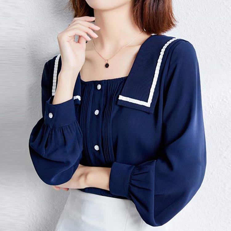 Vintage Sailor Collar Chiffon Shirt - Modakawa Modakawa