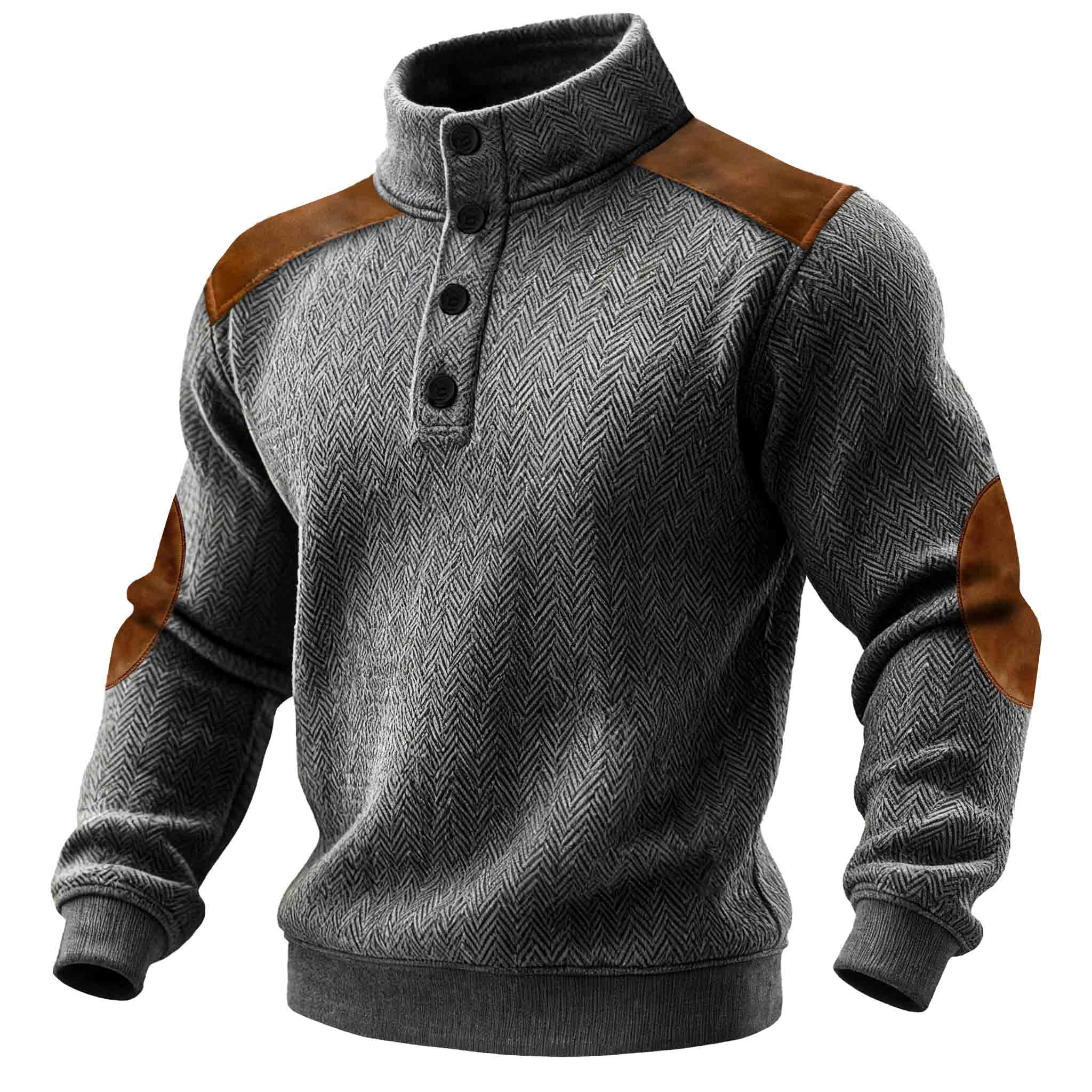 Men's Vintage Dark Gray Herringbone Suede Elbow Patches Button-Down Stand Collar Sweatshirt