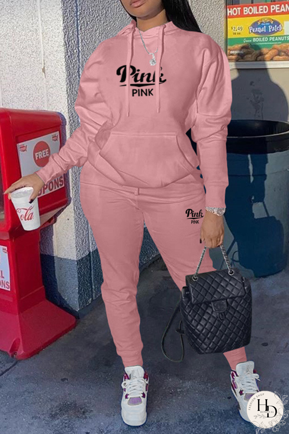 Pink Street Print Patchwork Hooded Collar Long Sleeve Two Pieces