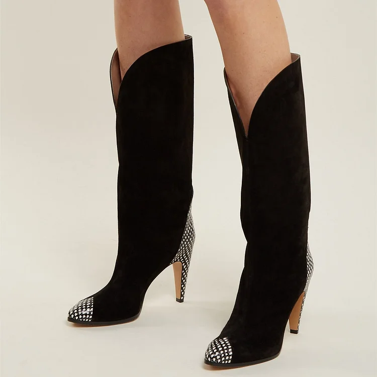 Suede Black Mid-Calf Fashion Boots Vdcoo