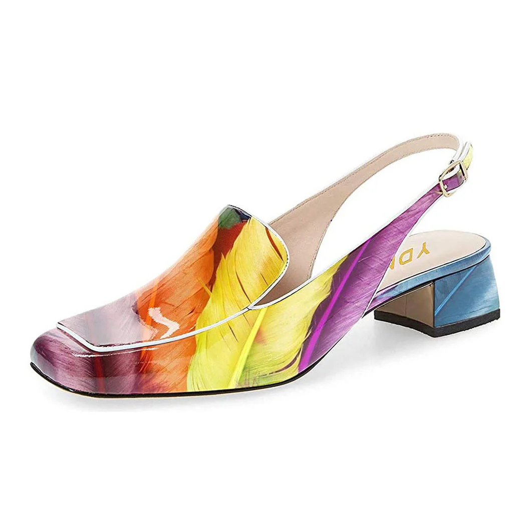 Colorful Feather Printed Patent Leather Block Heel Slingback Loafers 