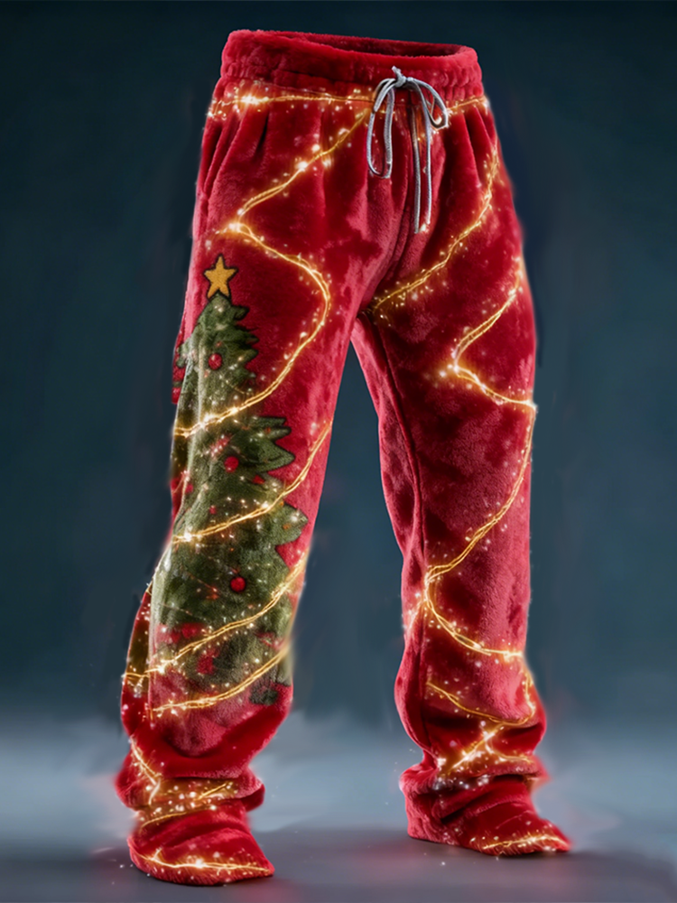 Christmas Retro Lights Design Men's Flannel Long Pants elevenforest