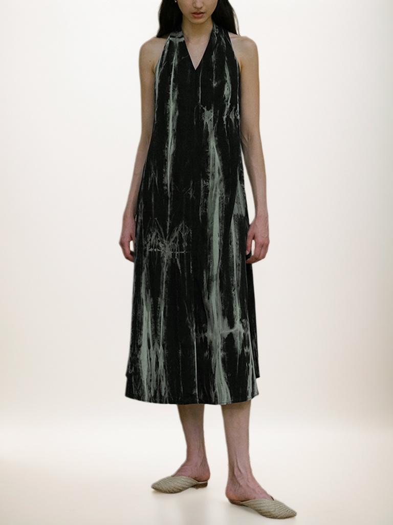 Tie-dyed Ink Style Casual Halterneck Sleeveless Midi Dress
