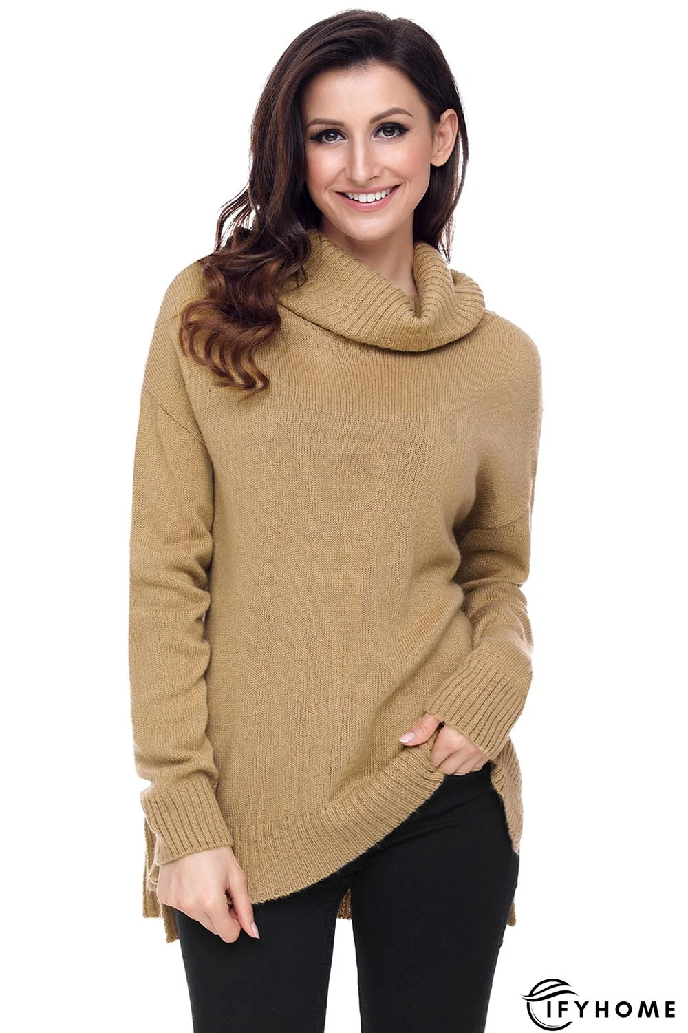 Khaki Causal Knit High Neck Loose Sweater | IFYHOME