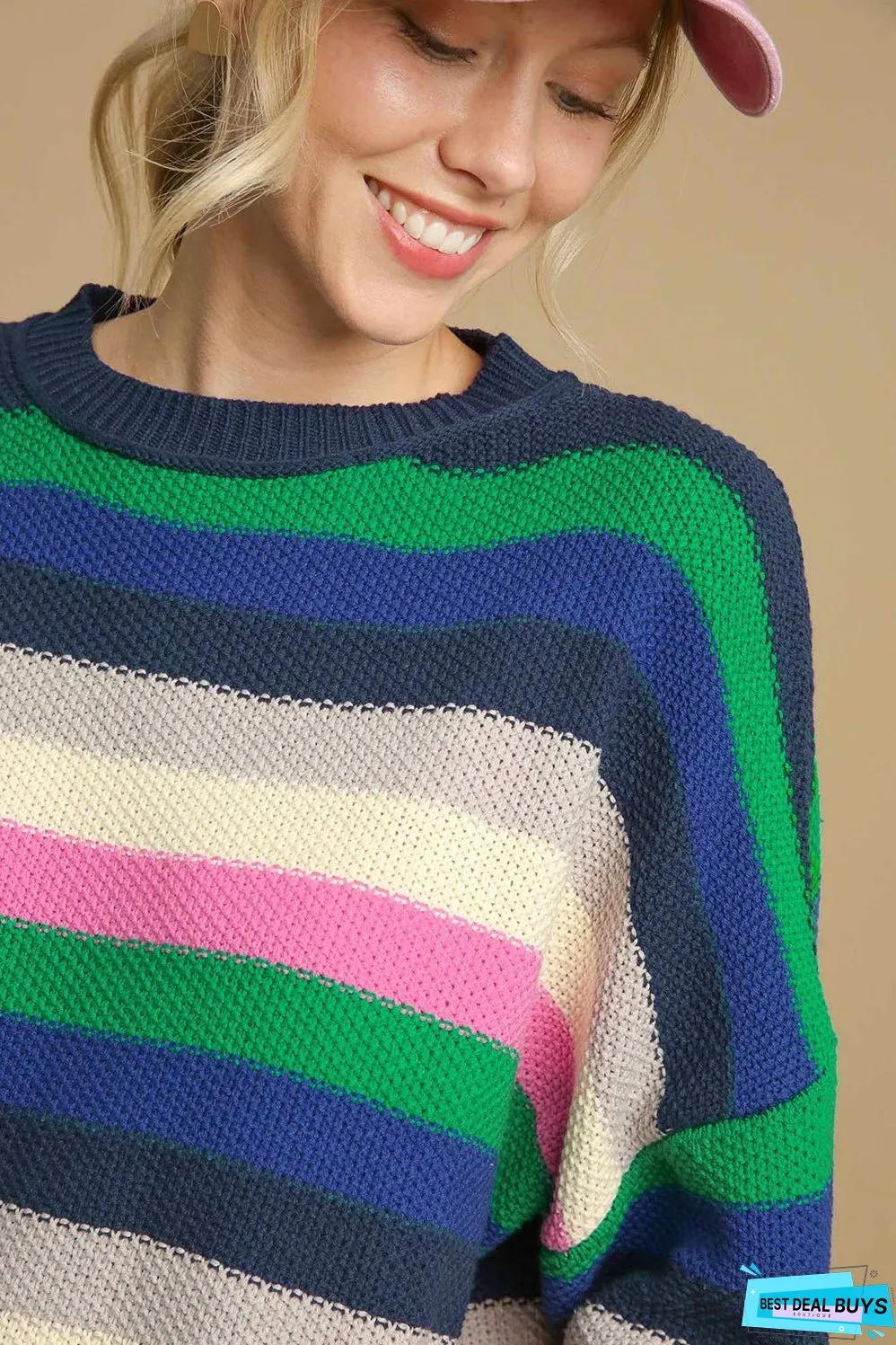 Bright Green Rainbow Striped Crew Neck Drop Shoulder Sweater