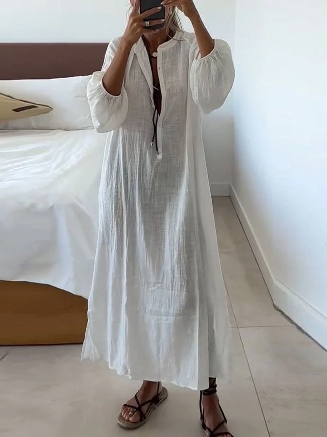 Women's Casual Solid Color Three-quarter Sleeve Cotton and Linen Dress