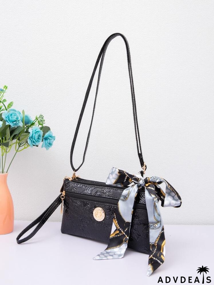 Embossed Detail Twilly Scarf Decor Crossbody Bag