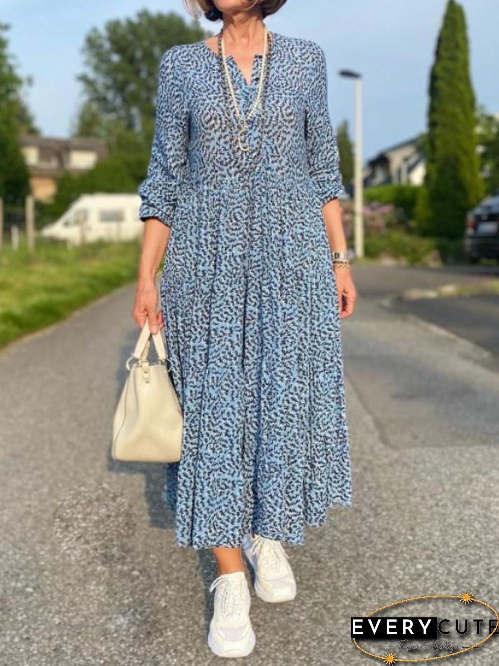 Long Sleeve Pleated Printed V Neck Casual Dress