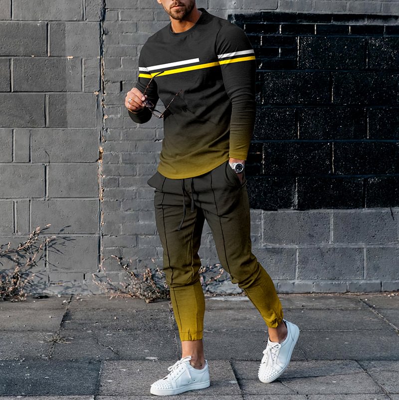 Gradient Color Contrast Stripe Long Sleeve T-Shirt And Pants Co-Ord