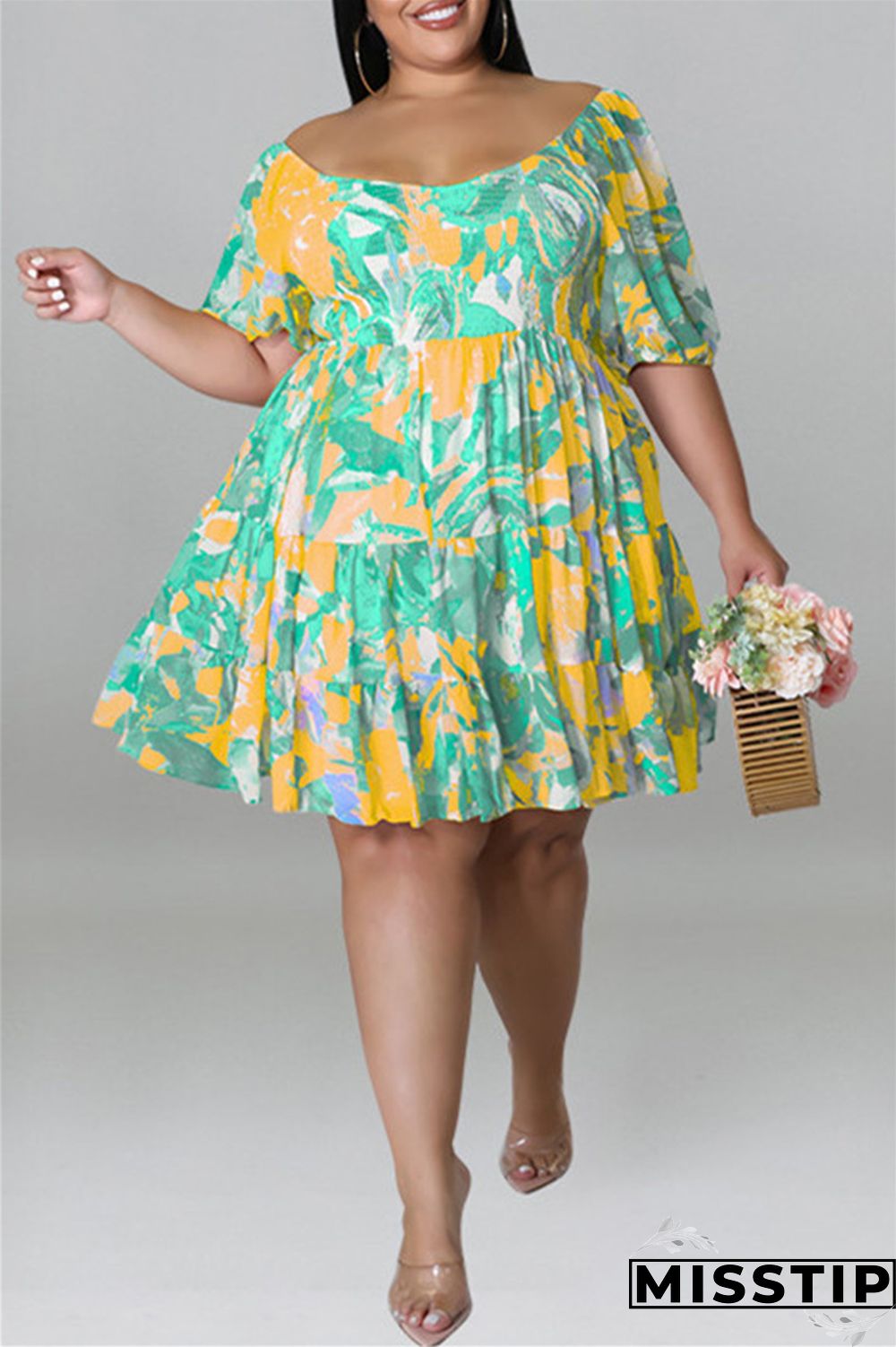 Blue Fashion Casual Plus Size Print Patchwork O Neck Short Sleeve Dress