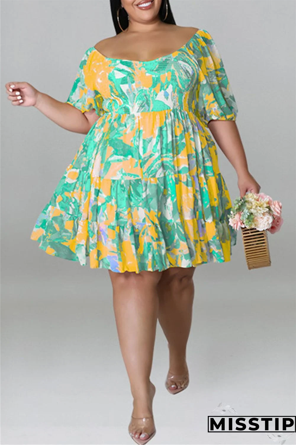 Blue Fashion Casual Plus Size Print Patchwork O Neck Short Sleeve Dress