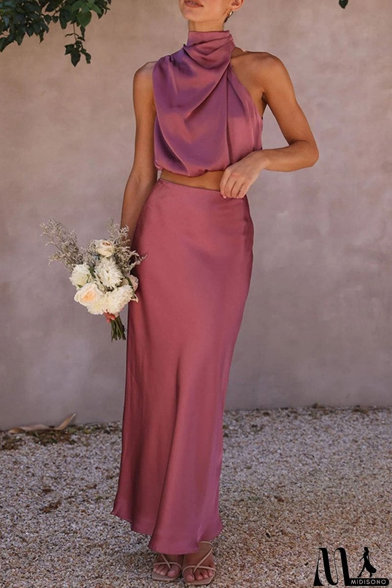 MidiSono - Celebrities Elegant Solid Solid Color Halter Sleeveless Two Pieces