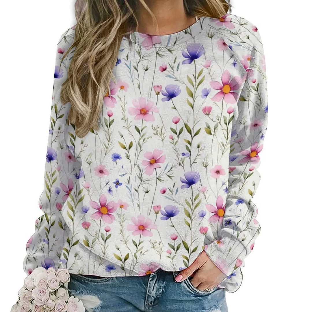 Printed Long Sleeve Casual Sweatshirt for  Women and Men Unisex Pattern Floral, Red, Colorful, Blue