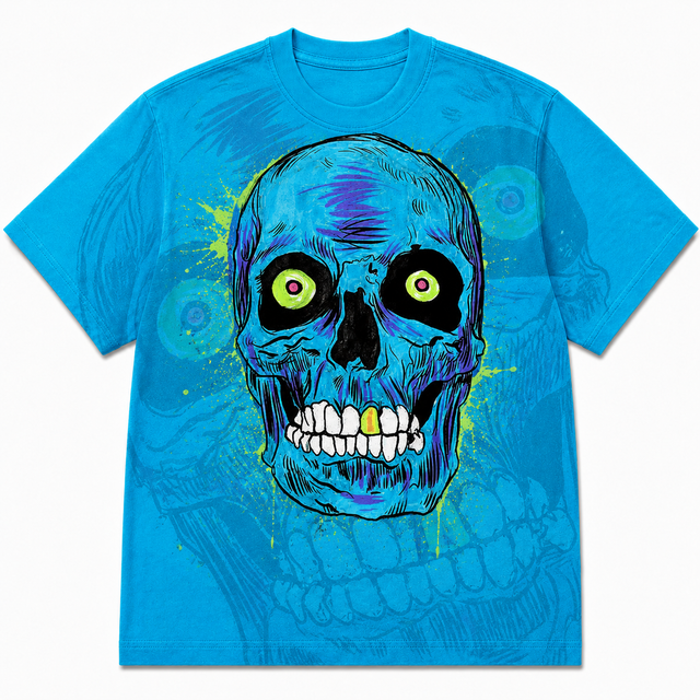 Street Blue Skull Cotton T-Shirt