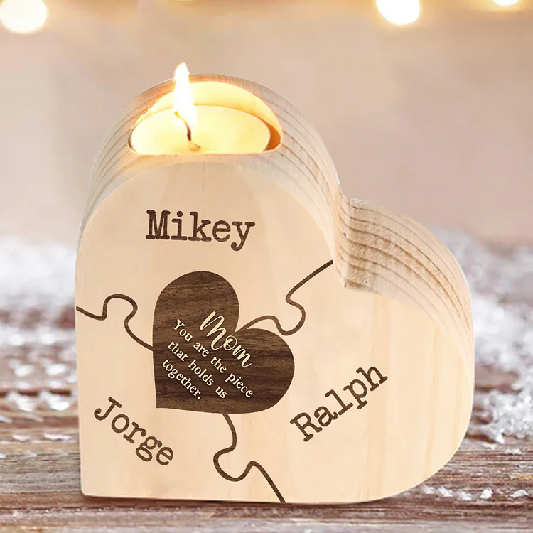 To My Mom Personalized 3 Names Puzzle Candle Candle Holder Wooden Candlestick "You are the piece that holds us together"