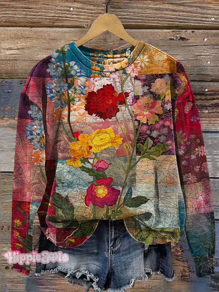 Vintage Floral Patchwork Art Print Casual Sweatshirt Multicolor / S