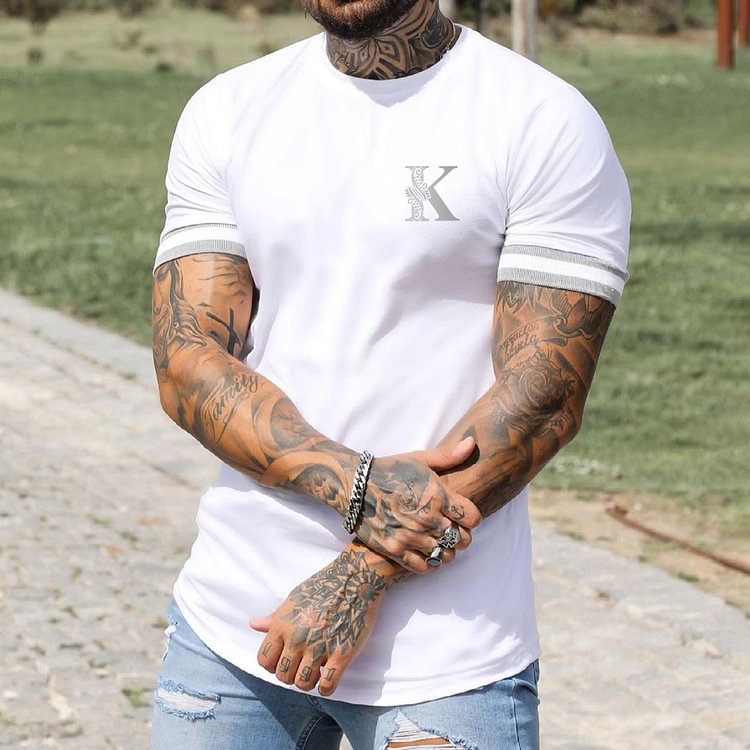Men's Fashion K Print Color Matching Casual Slim Fit Short Sleeve T-Shirt