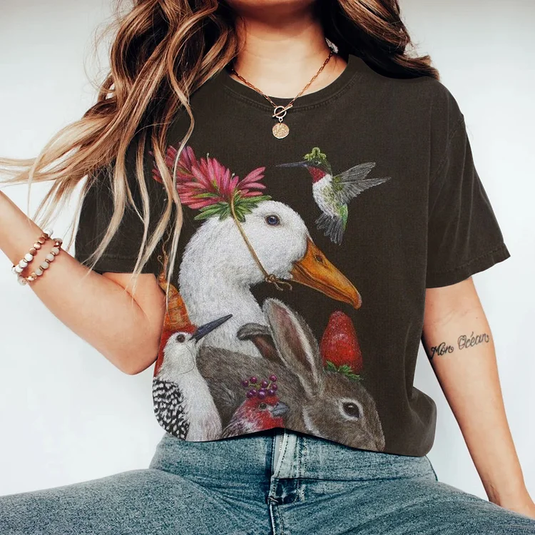 Farm Animal Print Crew Neck Short Sleeved T-Shirt