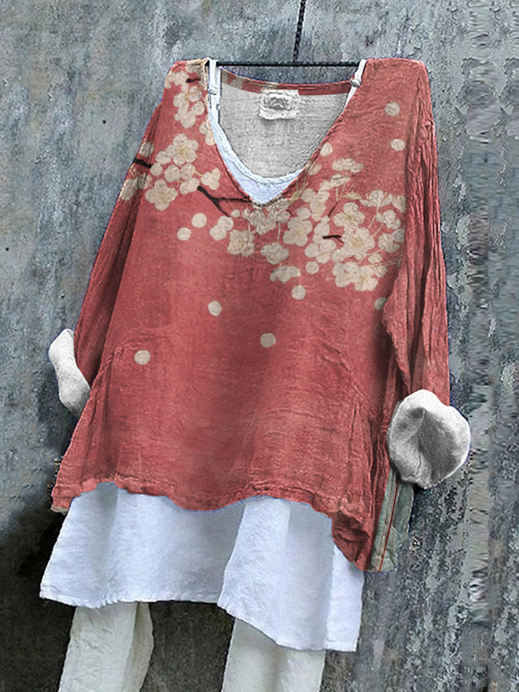 Comstylish Vintage Japanese Art Sakura Cotton Linen V Neck Comfy Shirt