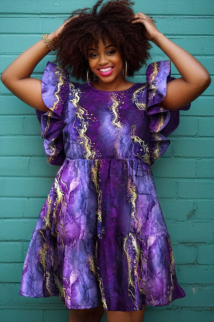Xpluswear Design Plus Size Daily Purple All Over Print Round Neck Flutter Sleeve Ruffle Casual Mini Dresses [Pre-Order] 2024 - Xpluswear