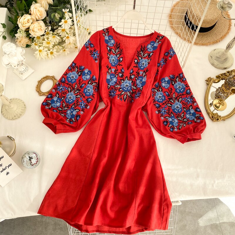 long sleeve Embroidery V-neck Loose robe Spring Autumn Dresses