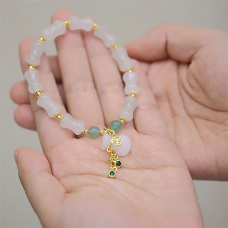 Bamboo Pattern White Golden Silk Jade Wealth Lucky Bag Fu Character Beads Bracelet
