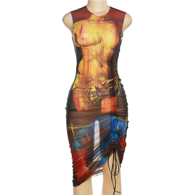 During Body Print Mini Dress Women fashion Mesh Shirring Bodycon Sleeveless Long Skirt Robe Girls Hipster Street Vintage Vesth Camouflage