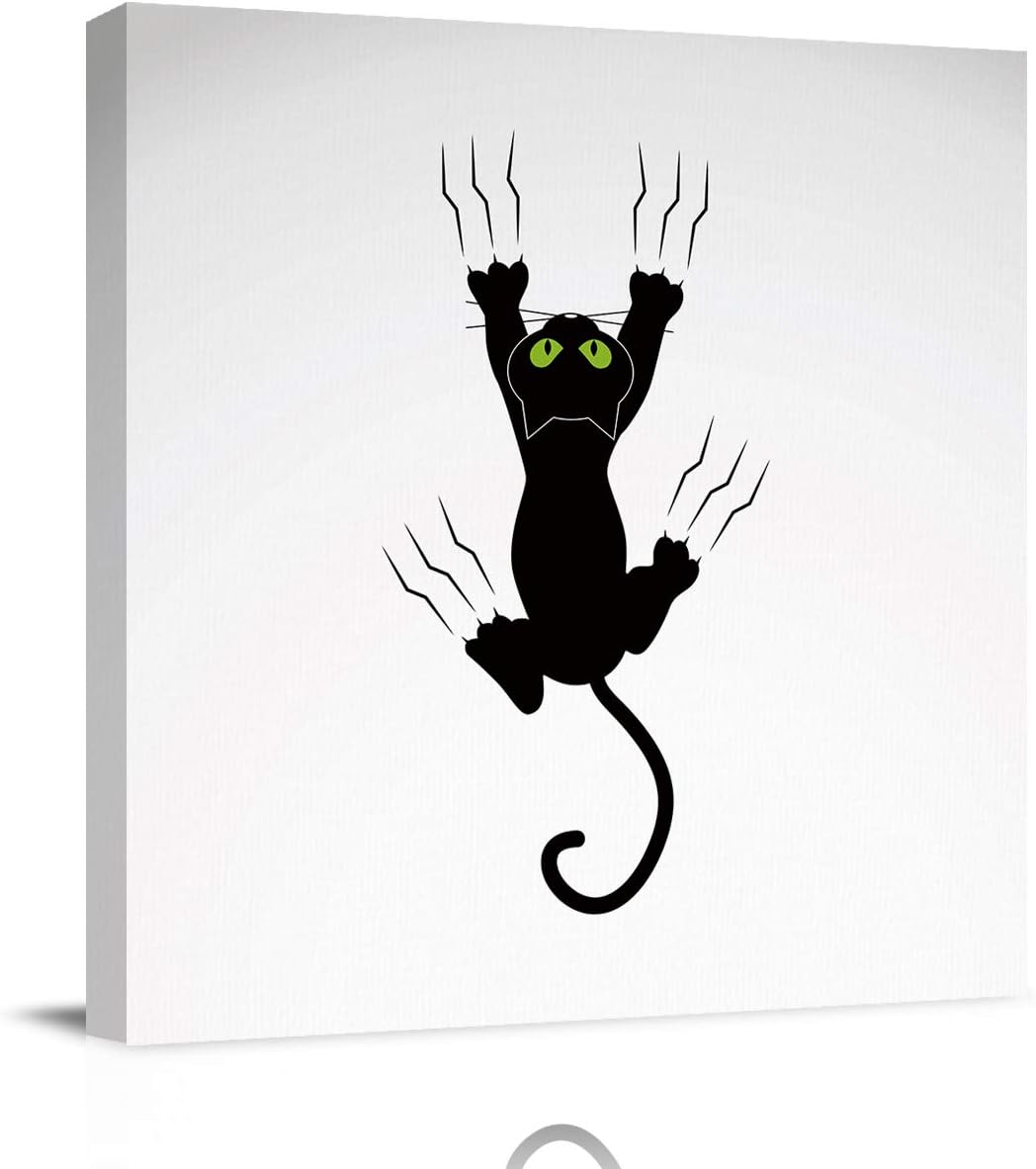 Print Canvas Wall Art for Living Room Bedroom Bathroom, Cartoon Black Cat and Scratches Canvas Picture Framed Wall Art, Gallery Wrap Poster Art for Home Decor 20 inch x20 inch  20&#034;x20&#034;