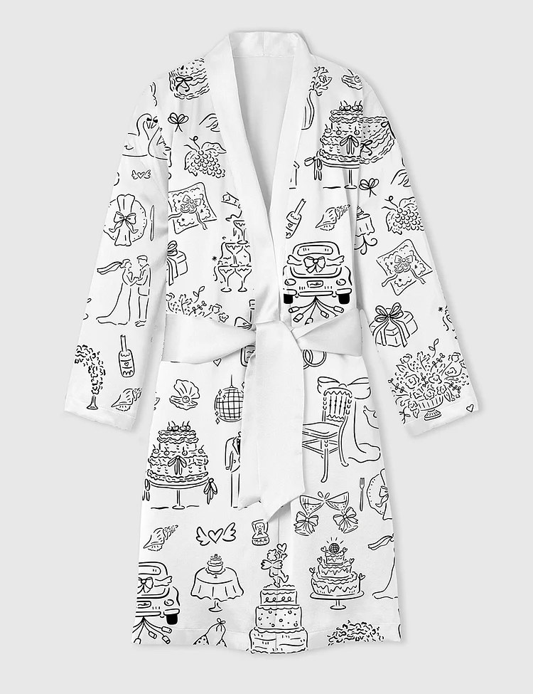 Women&rsquo;s Hand Drawn Whimsical Wedding Illustrations Satin Bathrobe