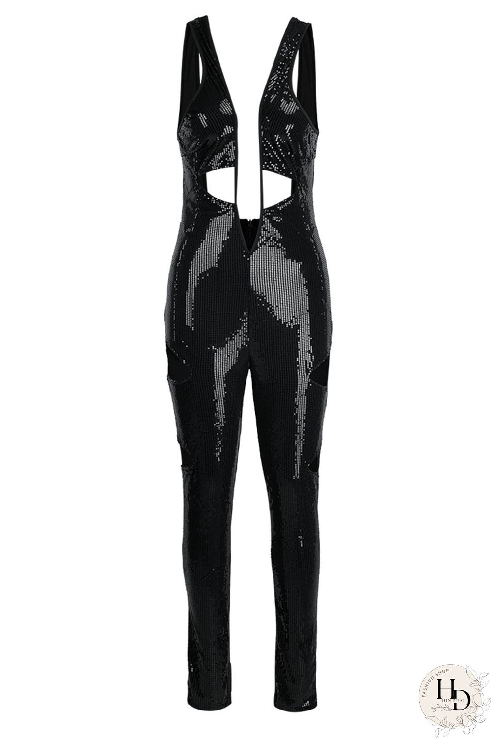 Black Sexy Solid Hollowed Out Patchwork Spaghetti Strap Skinny Jumpsuits