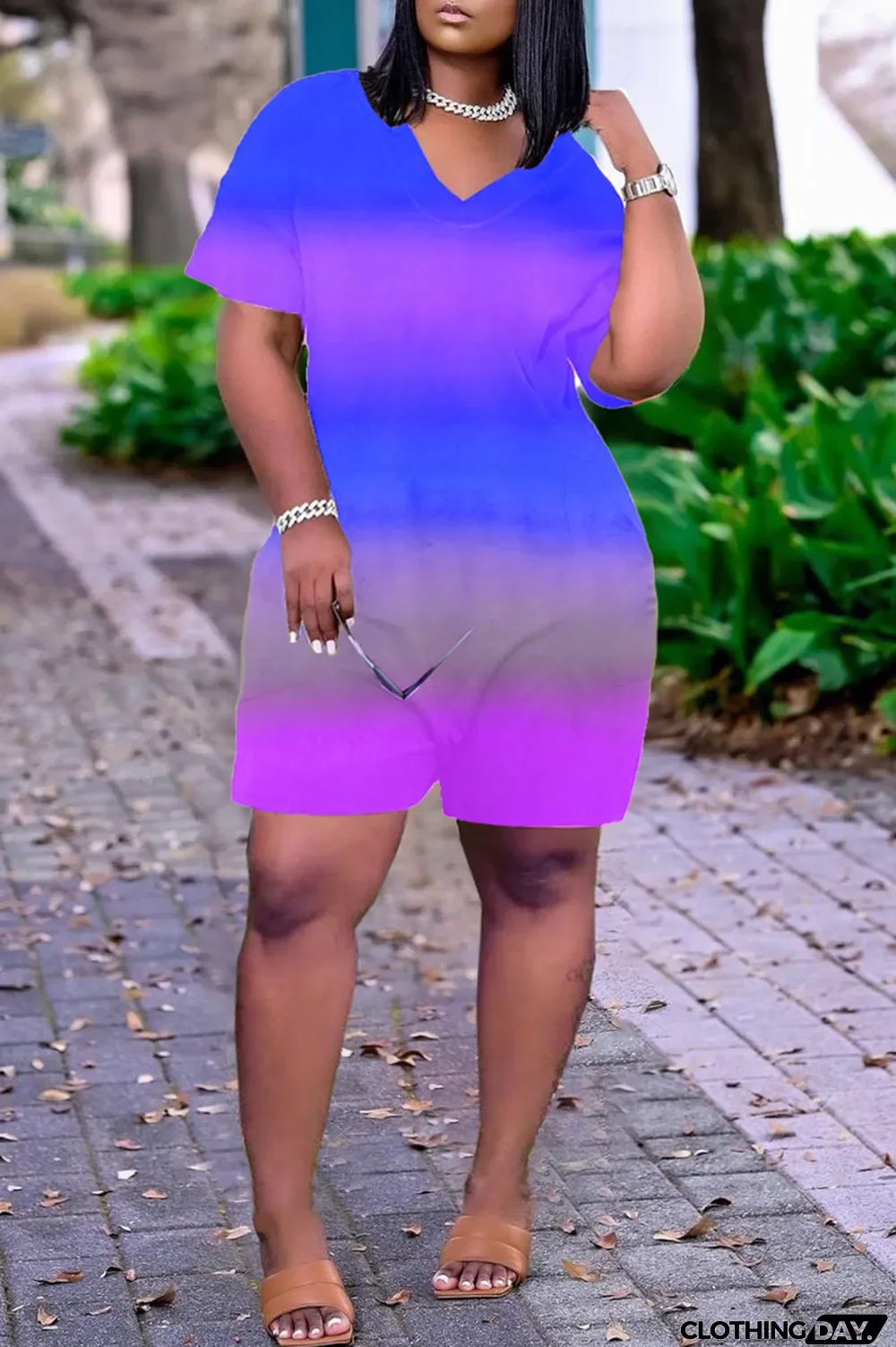 Pink Casual Gradual Change Print Tie-dye O Neck Loose Jumpsuits