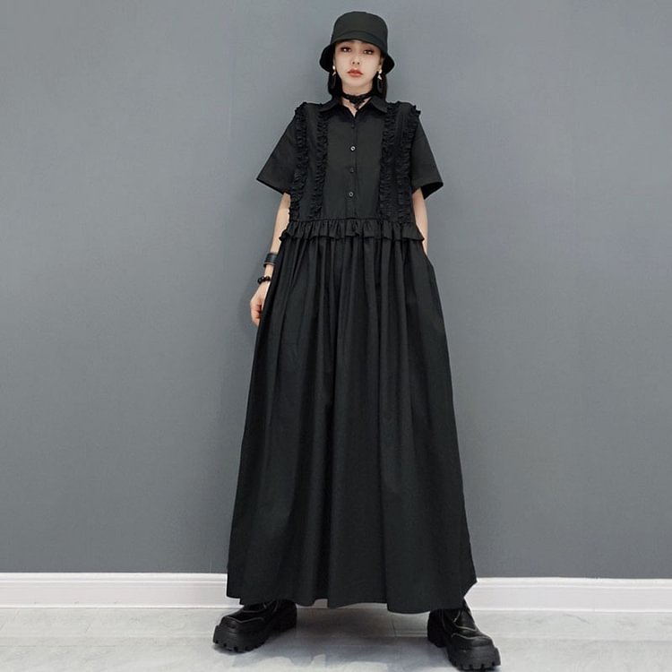 Solid Color Turn-down Collar Fungus Short Sleeve Ankle-length Dress 