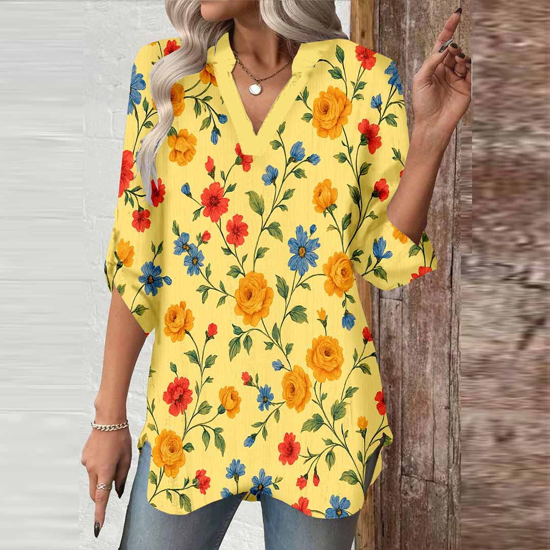 Women Floral, Yellow, Red DZGA0103 3/4 Sleeve V-neck Printed Graphic Button Tops