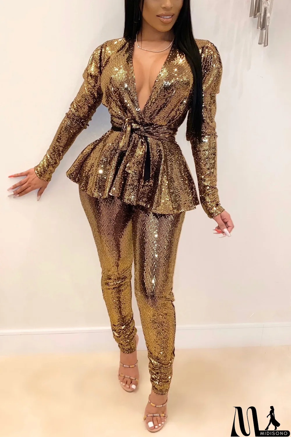 MidiSono - Black Fashion Slim Long-Sleeve V-Neck Two-Piece Set