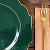 10 Pack | 11" Hunter Emerald Green Hard Plastic Dinner Plates, Disposable Tableware, Baroque Heavy Duty Plates with Gold Rim