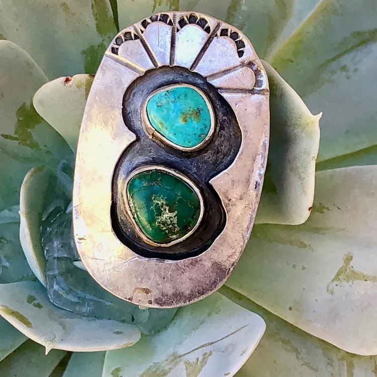 Navajo Double Turquoise Stone Ring Green and Blue Size 6.5 Sterling Silver