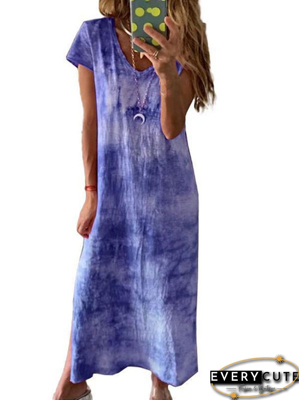 Summer Fashion Tie-Dye Short Sleeve Long Dress Loose V Neck  Maxi Dress