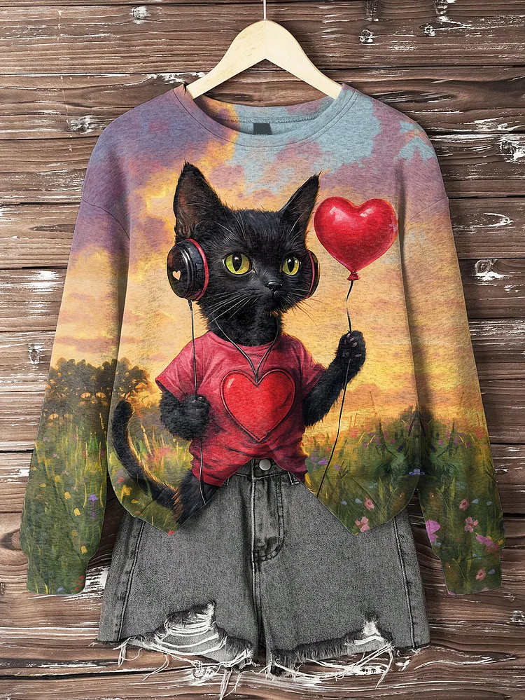 Women's Black Cat Holding A Love Balloon Among The Flowers Art Print Casual Sweatshirt