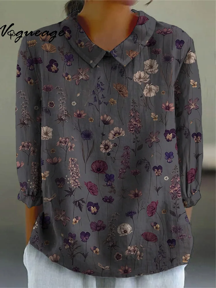 Elegant And Simple Small Florals Print Cotton And Linen Women Shirt