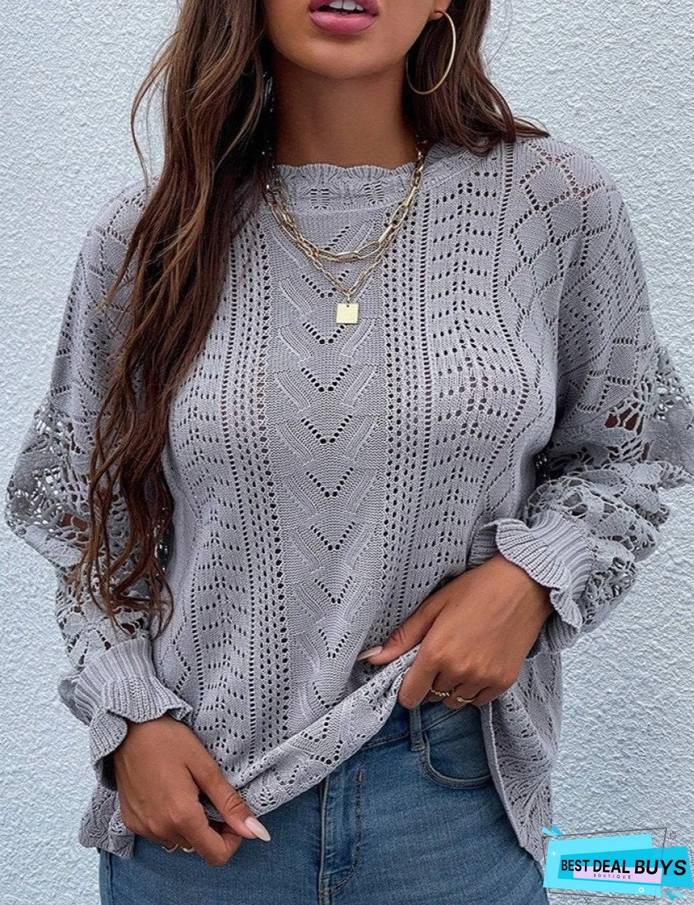 Fashion Solid Color All-Match Lace Stitching Sweater