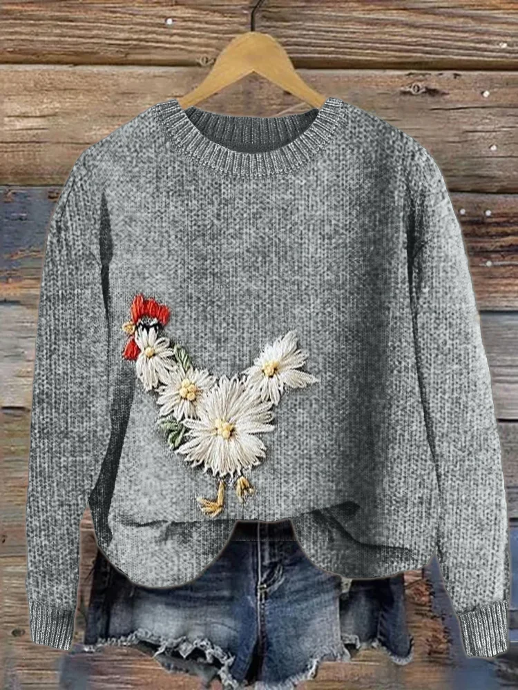 Chicken Daisy Flora Embroidery Art Cozy Sweater