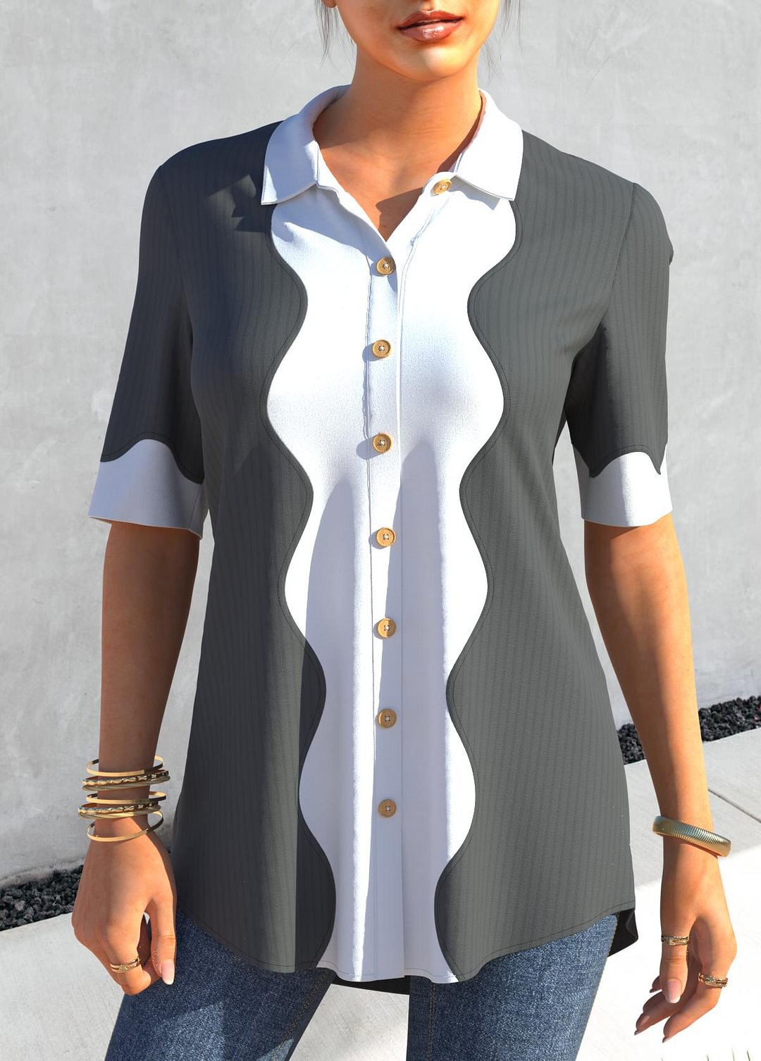Button Up Grey Turndown Collar Blouse