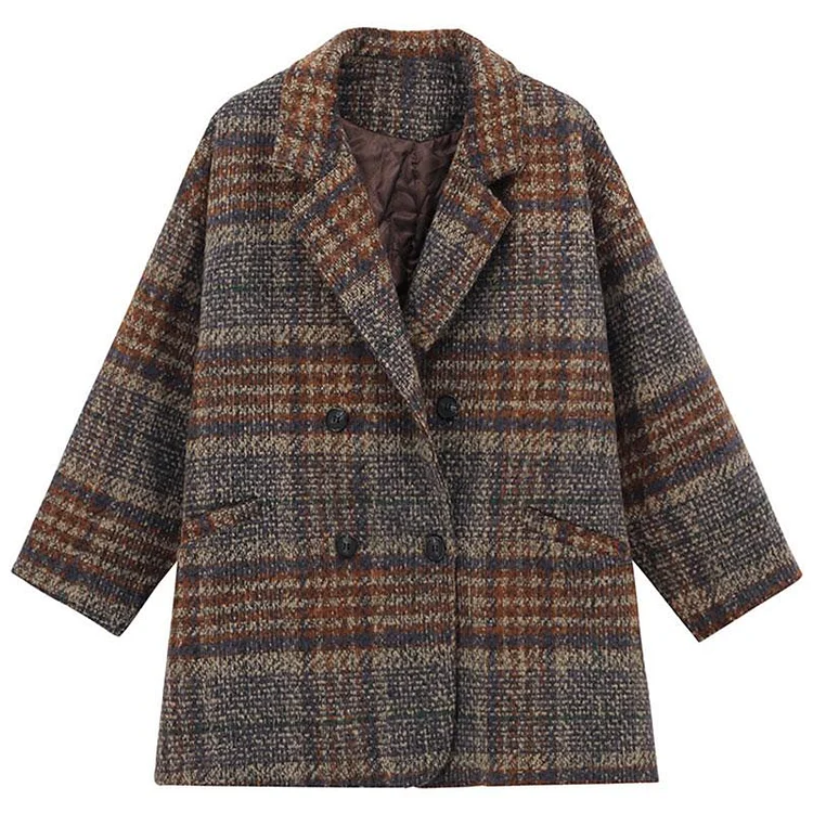 Plaid Button Loose Winter Coat - Modakawa Modakawa