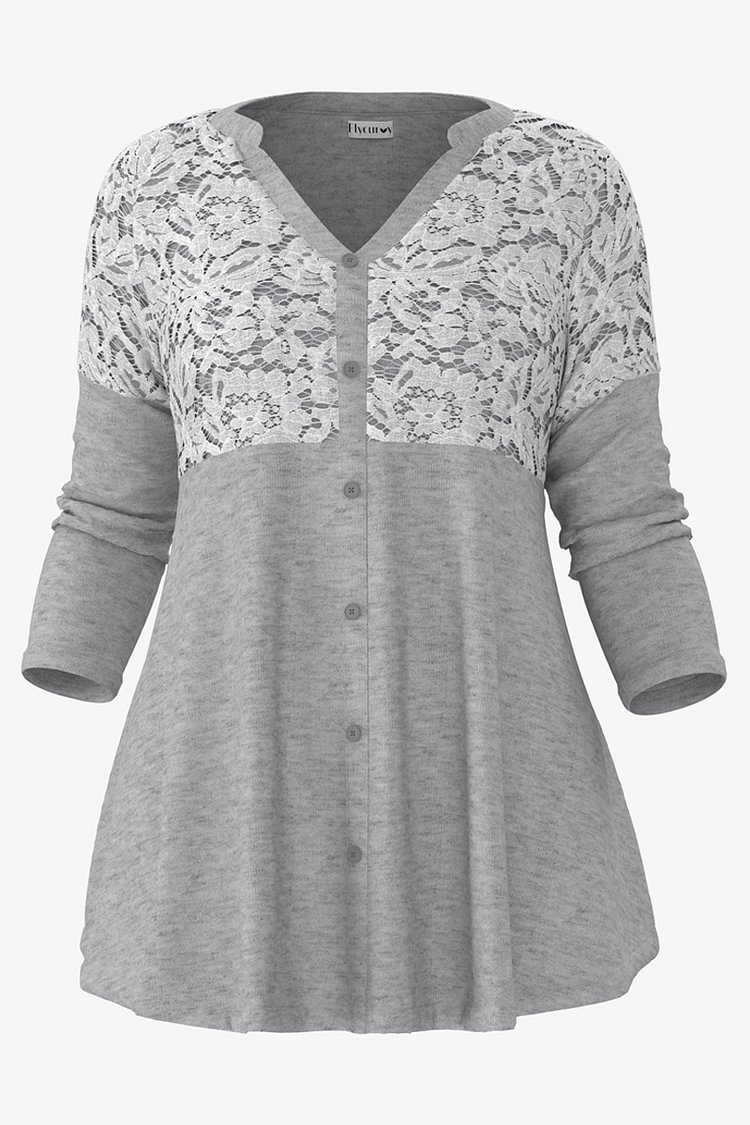 Flycurvy Plus Size Casual Light Grey Lace Double Layer Button Front Blouses  flycurvy [product_label]