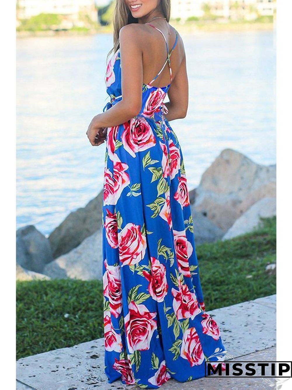 Beach Sling Leak Back Flower Print Maxi Dress P10165