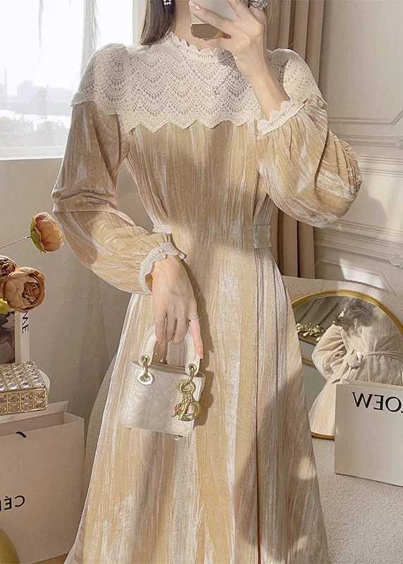 Style Apricot Hollow Out Lace Wrinkled Patchwork Velour Dress Fall