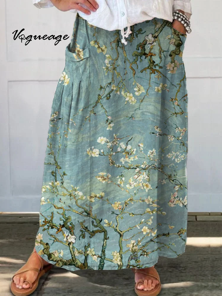 Elegant Ink Painting Leisure Branches And Flowers Printed Women's Casual Cotton And Linen Skirt