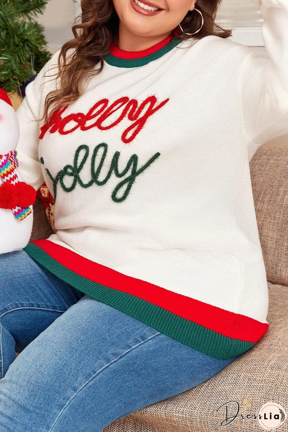 White Tinsel holly jolly Pattern Colorblock Edge Drop Shoulder Plus Size Sweater