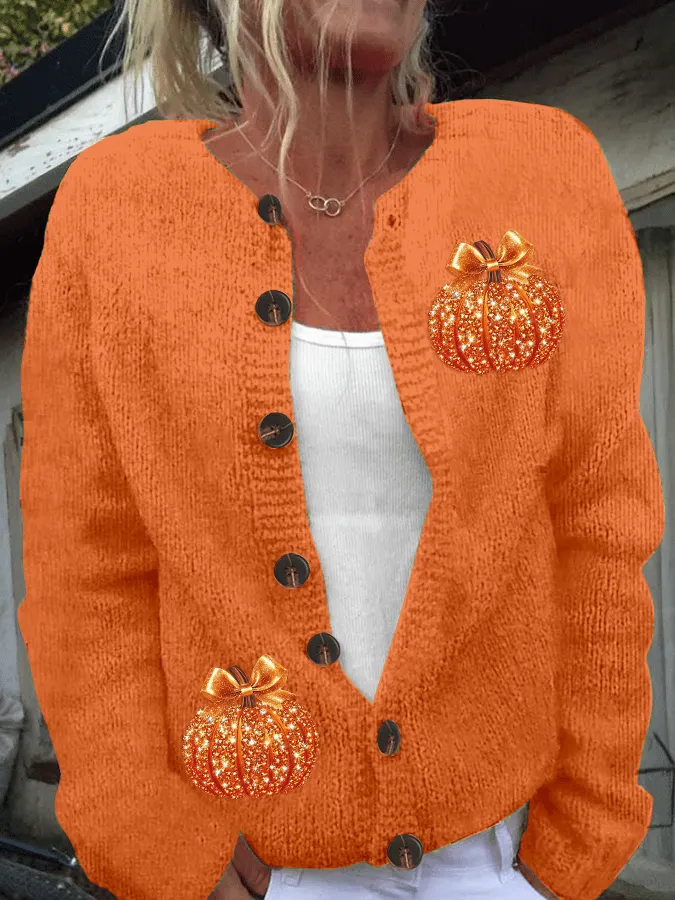 Women's Autumn Sequin Pumpkin Print Cardigan Sweater 